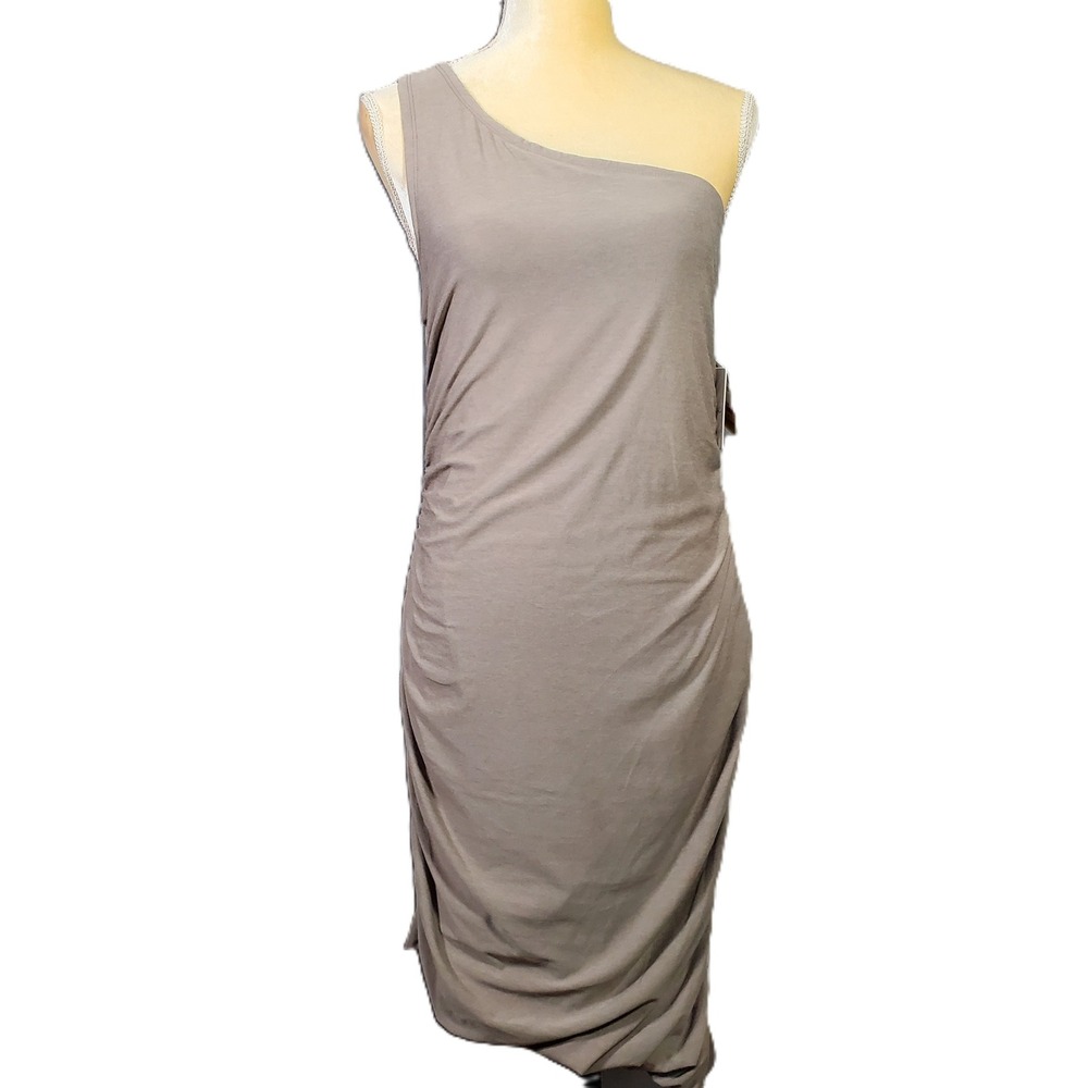 Beyond Yoga Dress Sz L Taupe Featherweight Carried Away One Shoulder Bodycon NEW